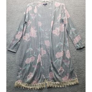 Freshman 1996 Cardigan Womens XL Multi Floral Long Sleeve‎ Lace Hem Open Front